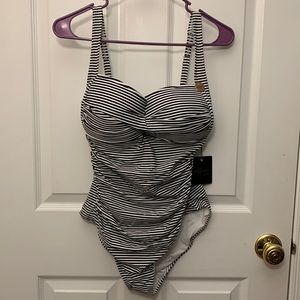NWT Nip Tuck one piece swimsuit black and white stripes size US 10/AUS 14